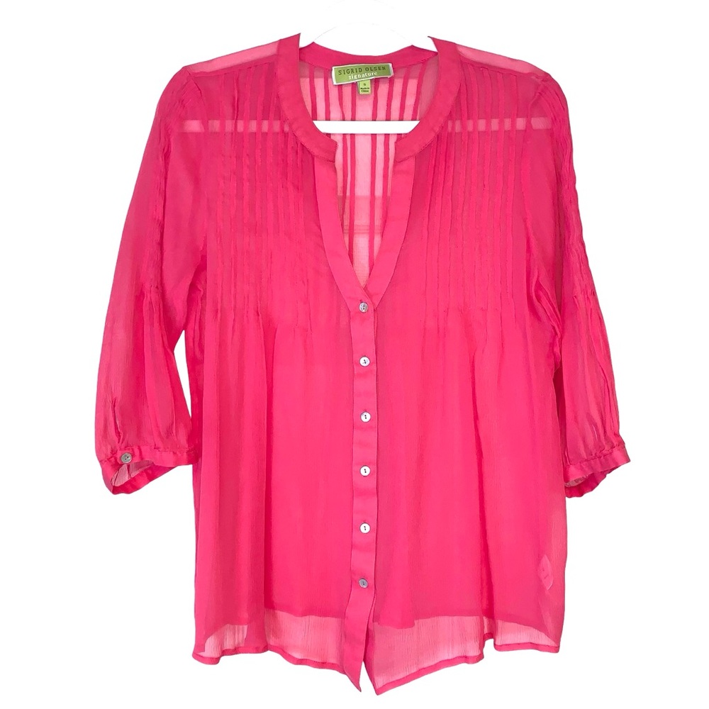 Sigrid Olsen Signature Silk Shell Button Down Blouse Gauzy Relaxed Layer Light